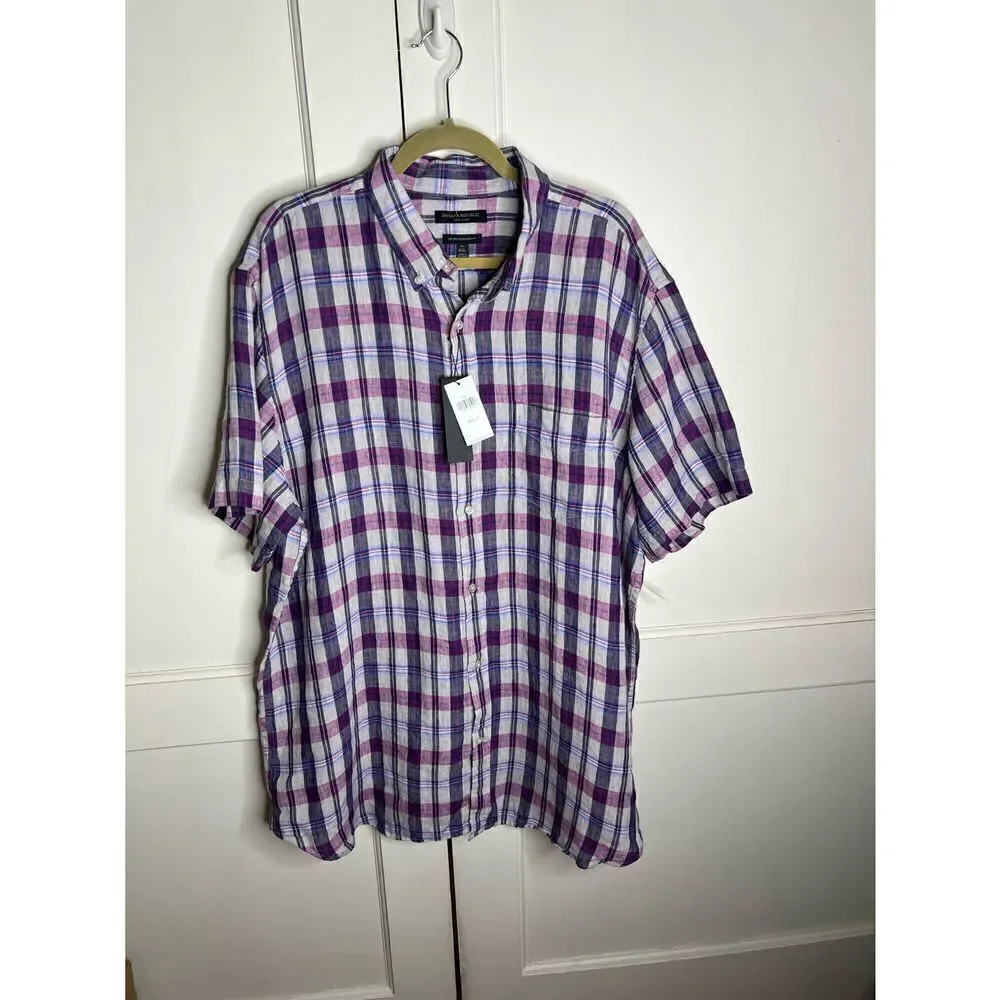 Banana Republic 100% Linen purple plaid button down shirt